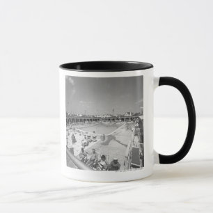 People relaxing at outdoor swimming pool B&W Mug
