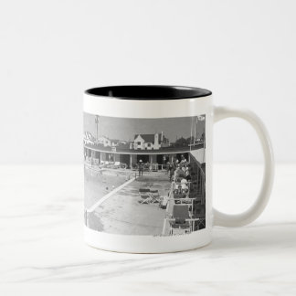 People relaxing at outdoor swimming pool B&W Two-Tone Coffee Mug