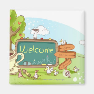 People relaxing by information sign with tea cup magnet