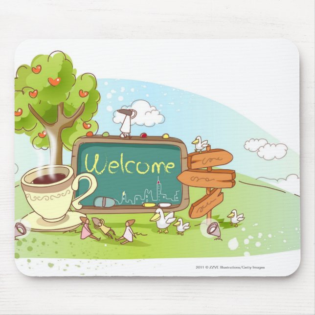 People relaxing by information sign with tea cup mouse pad (Front)