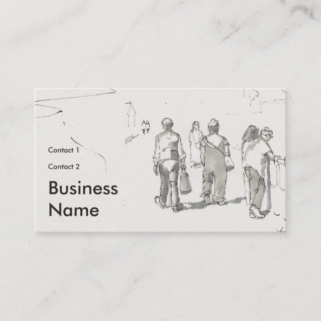 People walking along promenade drawing business card (Front)