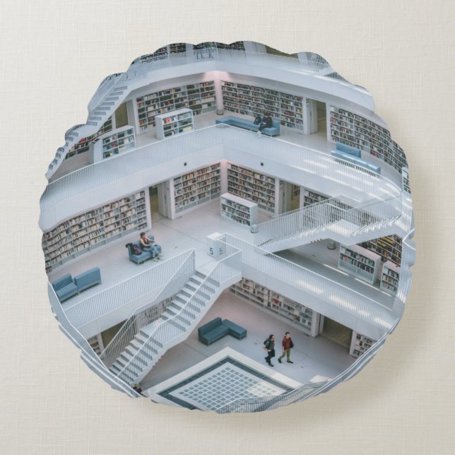 PEOPLE WALKING INSIDE LIBRARY ROUND CUSHION (Front)