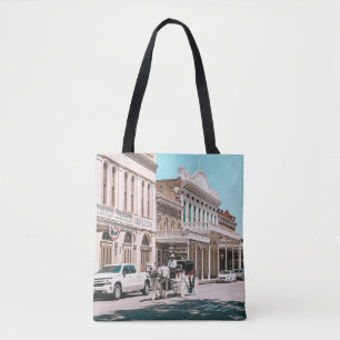 PEOPLE WALKING ON STREET NEAR CARS AND BUILDINGS D TOTE BAG