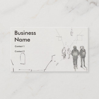 People walking through shopping arcade drawing business card