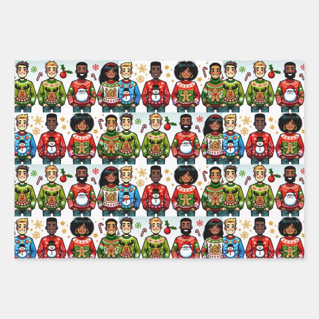 People Wearing Funny Christmas Sweaters Wrapping Paper Sheet (Front)