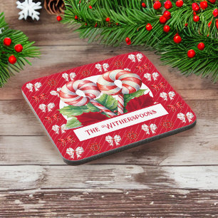Pepermint Red and White Candy Cane Bow Monogram Coaster