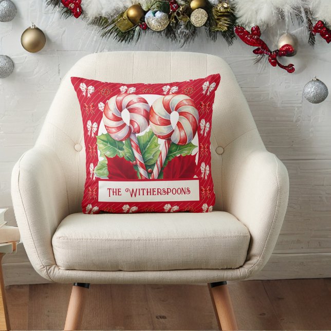 Pepermint Red and White Candy Cane Bow Monogram Cushion (Creator Uploaded)