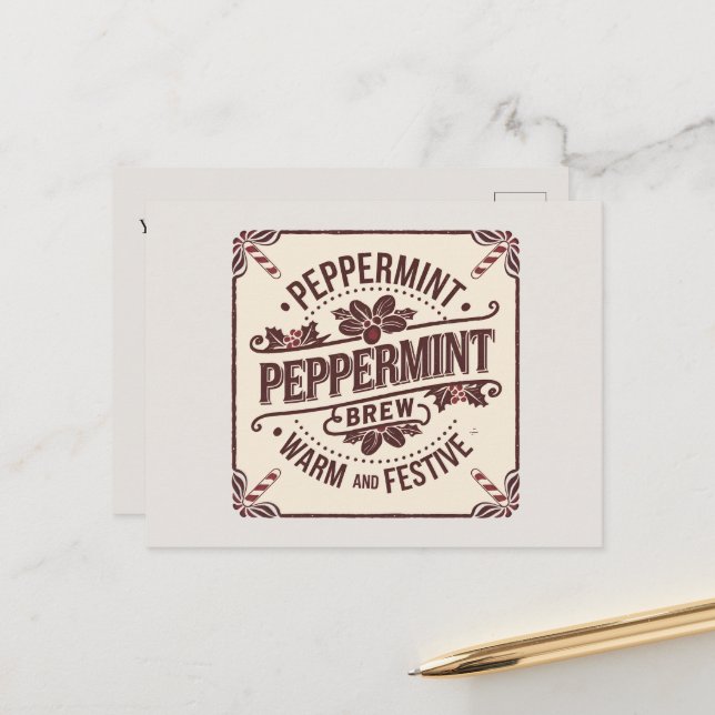 Peppermint brew add message holiday postcard (Front/Back In Situ)