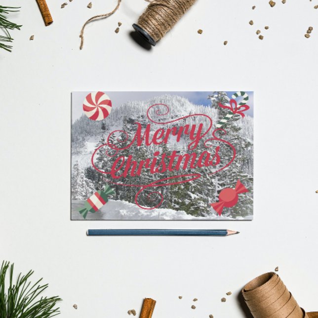 Peppermint Candies and Snowy Winter Scene Holiday Postcard (In Situ)