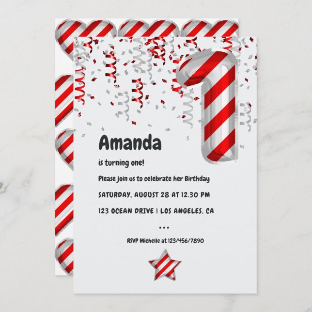 Peppermint Candy Cane Balloon 1st Xmas Birthday Invitation (Front/Back)