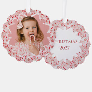 Peppermint Candy Cane Custom Christmas Photo  Tree Decoration Card