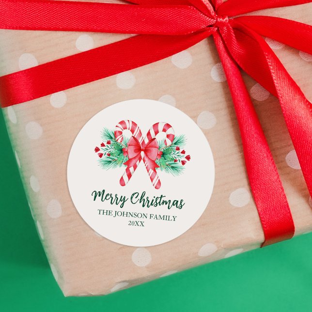 Peppermint Candy Canes and Bow Christmas Classic Round Sticker (Peppermint Candy Canes and Bow Christmas Classic Round Sticker)
