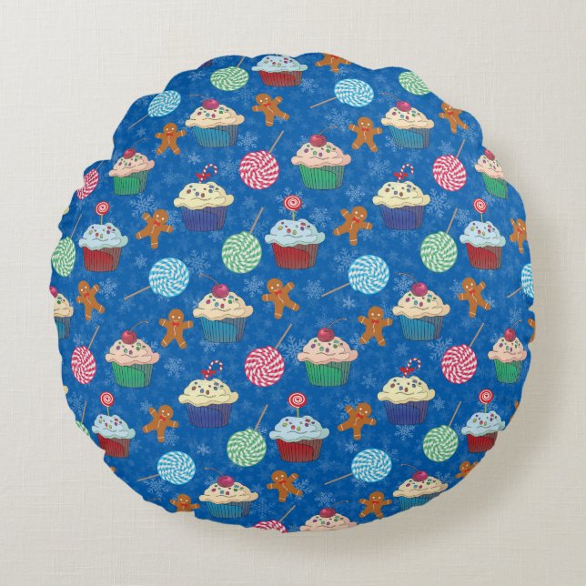 Peppermint Candy ,Gingerbread Man and cup cake Round Cushion (Front)