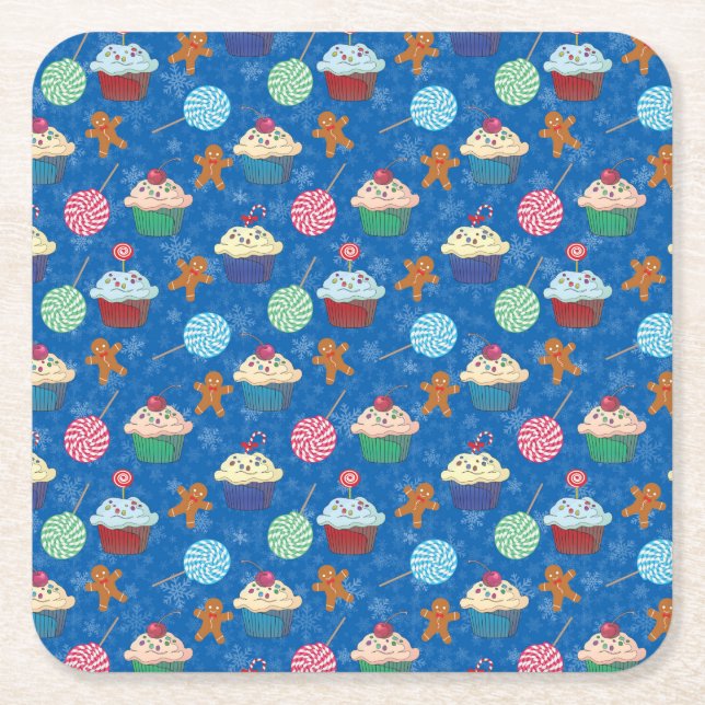Peppermint Candy ,Gingerbread Man and cup cake Square Paper Coaster (Front)