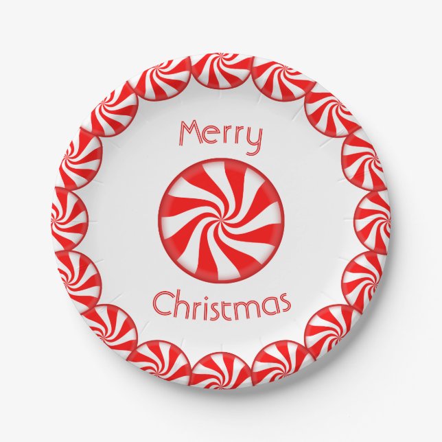 Peppermint Candy Merry Christmas Paper Plate (Front)