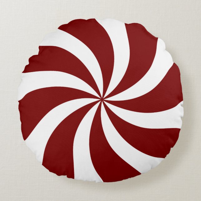 Peppermint Candy Swirl Red and White Round Cushion (Front)