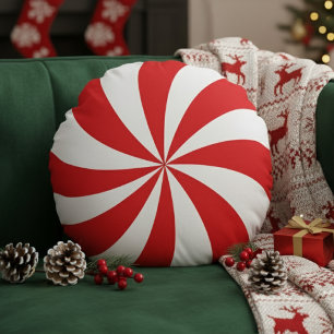 Peppermint Candy Swirl Red Christmas Holiday Round Cushion