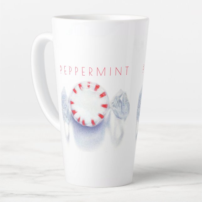 PEPPERMINT CANDY Tall Latte Mug + Text (Left Angle)