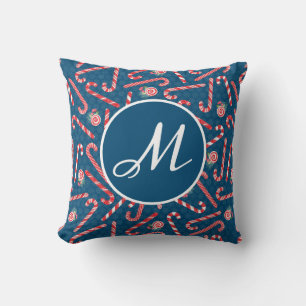 Peppermint Christmas Candy Cane Blue Monogram Cushion