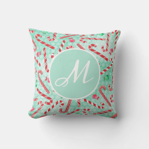 Peppermint Christmas Candy Cane Monogram Cushion