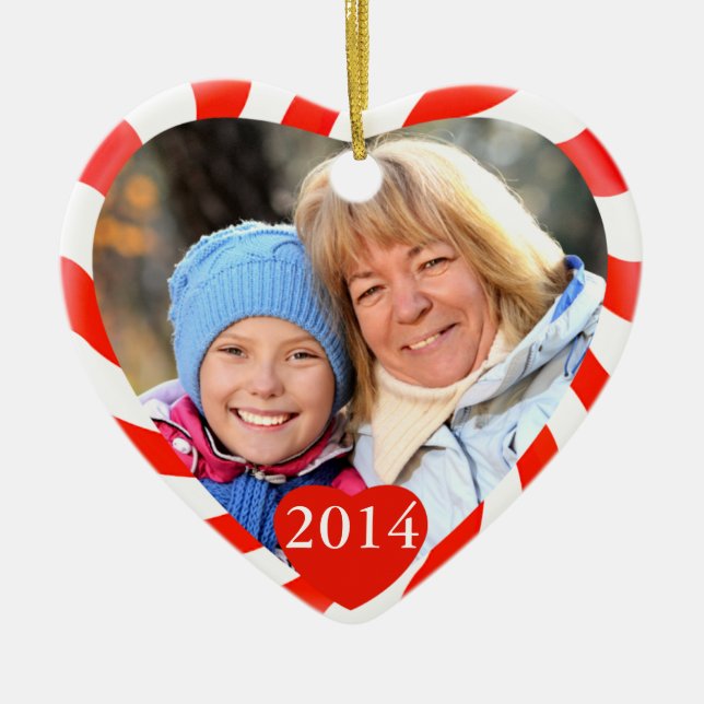 Peppermint Christmas Heart Photo Ceramic Ornament (Front)