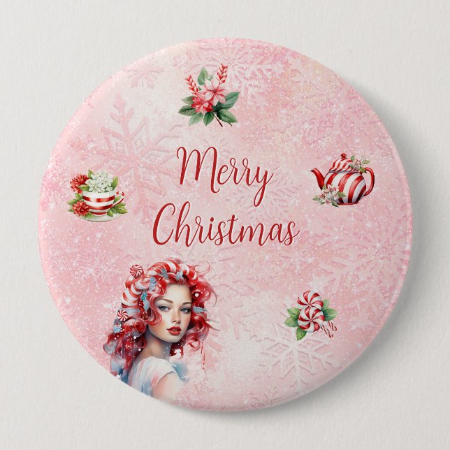 Peppermint Christmas Tea Party Pink Snowflake 10 Cm Round Badge (Front)