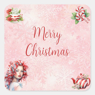 Peppermint Christmas Tea Party Pink Snowflake Square Sticker