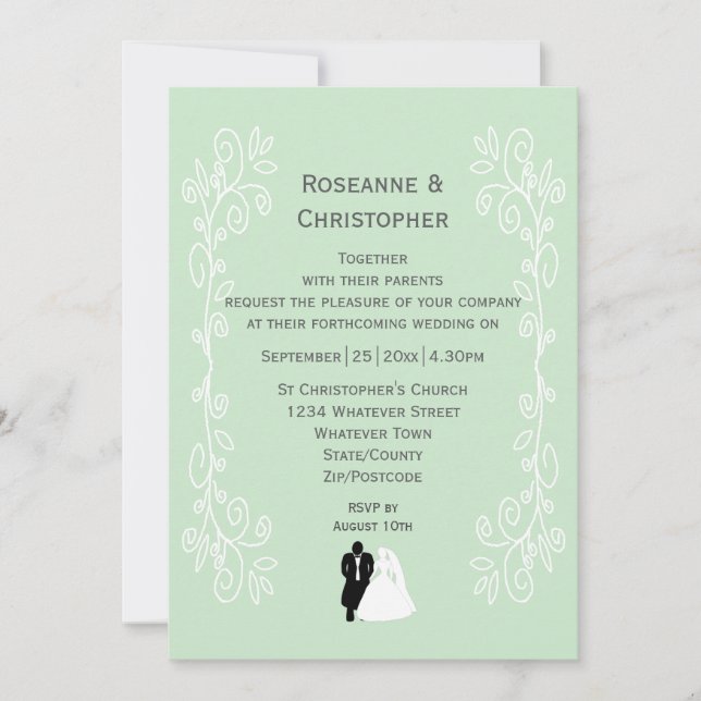 Peppermint Coloured Bride And Groom Design Wedding Invitation (Front)