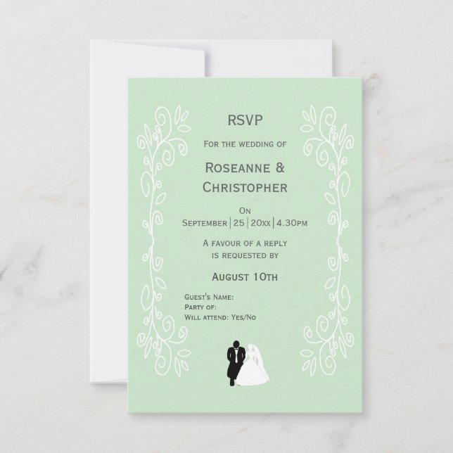Peppermint Coloured Bride And Groom Design Wedding RSVP Card (Front)