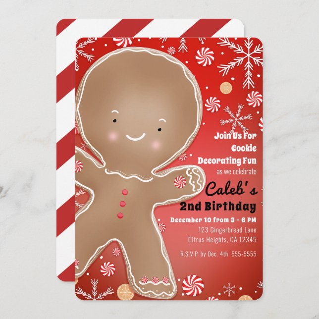 Peppermint Gingerbread Man Holiday Birthday Party Invitation (Front/Back)
