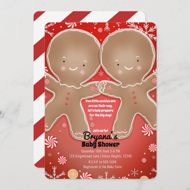 Peppermint Gingerbread Twins Holiday Baby Shower Invitation (Front/Back)