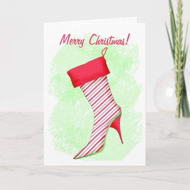 Peppermint High Heel Boot Stocking Merry Christmas Holiday Card (Front)