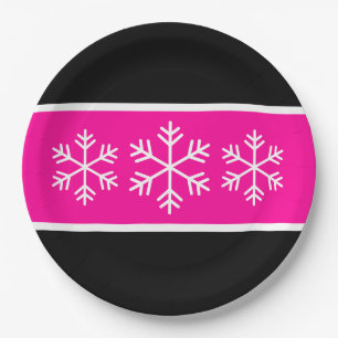 Peppermint Pink Black Stripes White Snowflakes Paper Plate
