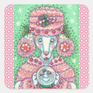 PEPPERMINT PINK POODLE, CHRISTMAS DOG STICKERS Squ
