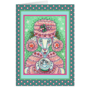 PEPPERMINT PINK POODLE CHRISTMAS GREETING CARD V
