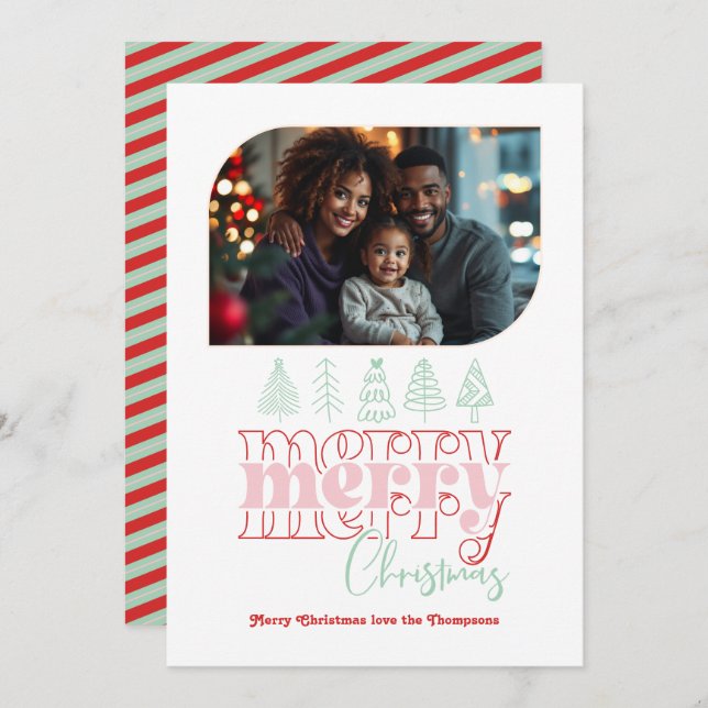 Peppermint Pop Modern Retro Doodle Christmas Photo Holiday Card (Front/Back)