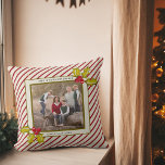 Peppermint Stripe Holly Farmhouse Photo Christmas Cushion<br><div class="desc">This fun, beautiful red and cream peppermint stripe and hand painted artsy holly design is accented with a subtle faux gold paint splatter for just the right vintage touch. This trendy throw pillow has a double frame in cream and dark olive green in the middle for you to place your...</div>