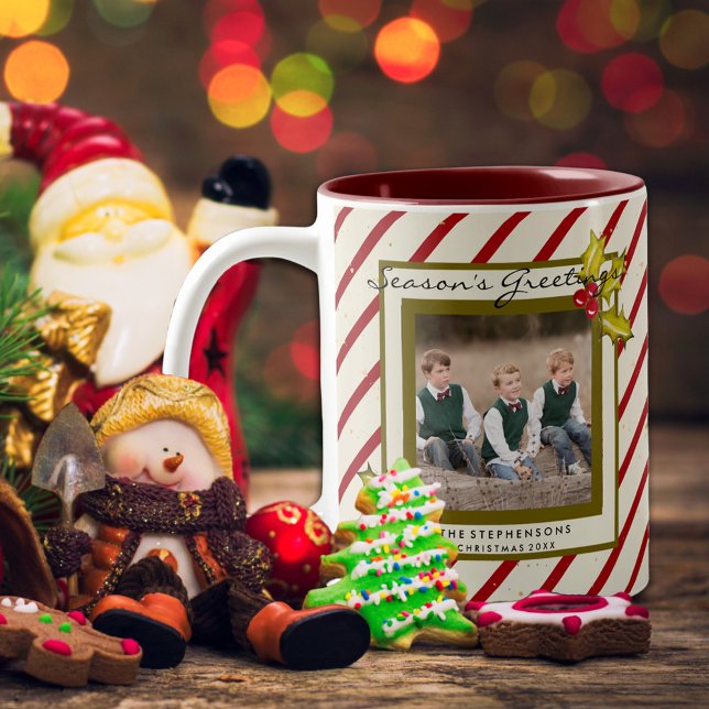 Peppermint Stripe Holly Farmhouse Photo Christmas Two-Tone Coffee Mug (Creator Uploaded)
