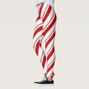 Red White Diagonal Candy Cane Stripes Holiday Leggings