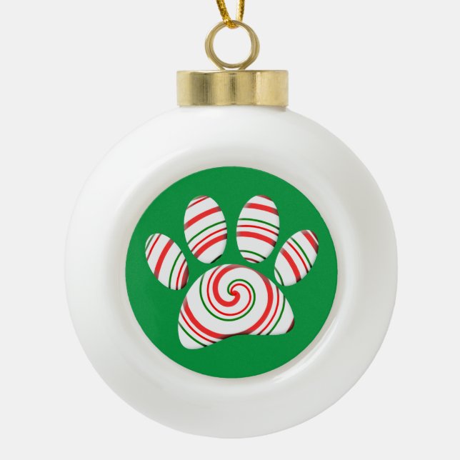 Peppermint Swirl Dog Paw In Red Green White Ceramic Ball Christmas Ornament (Front)