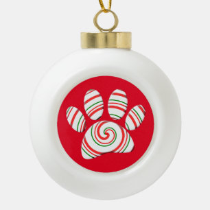Peppermint Swirl Dog Paw In Red Green White Ceramic Ball Christmas Ornament