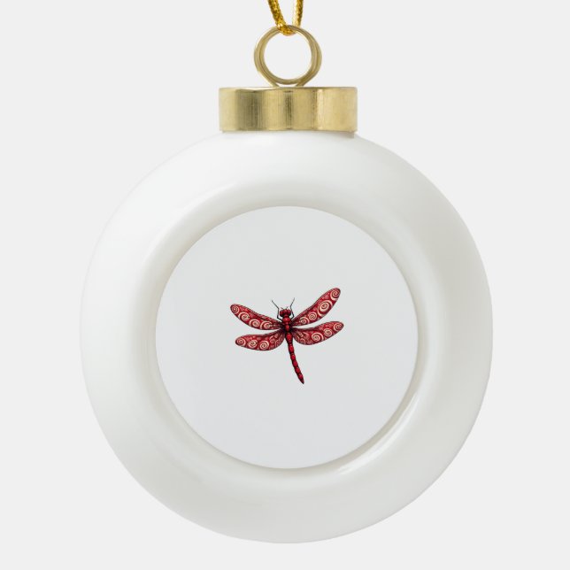Peppermint Swirl Dragonfly Ceramic Ball Christmas Ornament (Front)