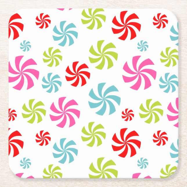 Peppermint Swirl Pattern – Colourful Candy Design Square Paper Coaster (Front)