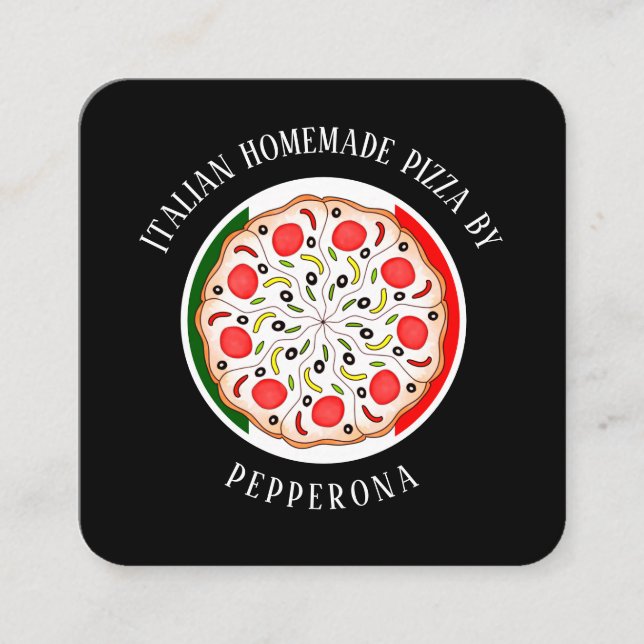 Pepperoni pizza Italian flag black professional Square Business Card (Front)