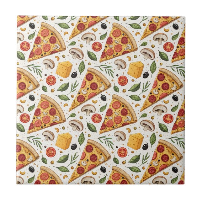 Pepperoni Pizza Lover Pattern - Fun Pizza Party Ceramic Tile (Front)