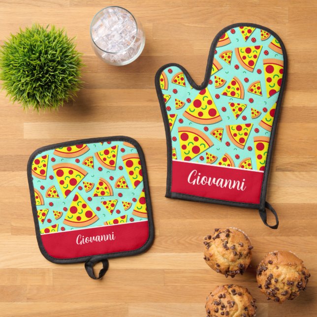 Pepperoni Pizza Patterned Chef Oven Mitt & Pot Holder Set (Top Down)