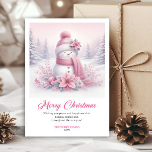 Peppy pink snowman kids greeting card editable art