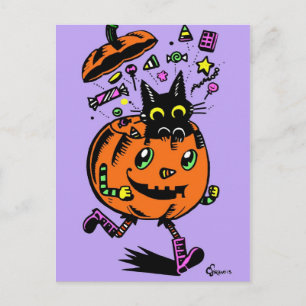 Peppy Pumpkin and Kitty Halloween Postcard