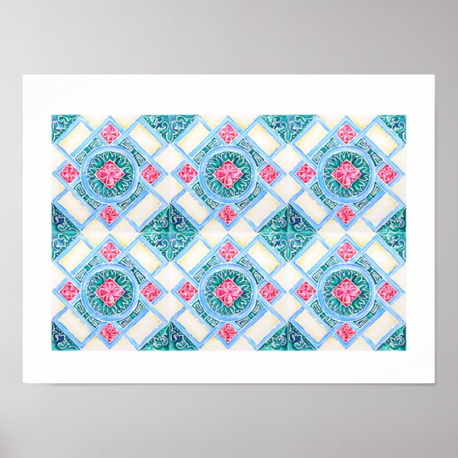 Peranakan Geometric Tile Teal Poster (Front)