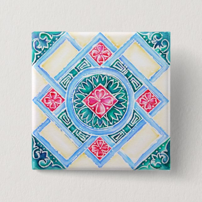 Peranakan Geometric Tile Teal Square 15 Cm Square Badge (Front)